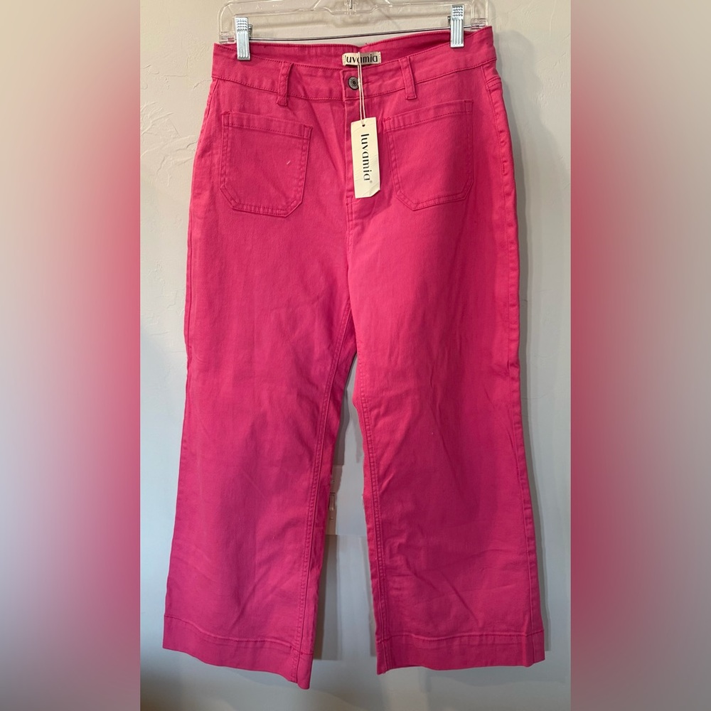NWT luvamia Vibrant Pink Flared Stretch Denim Pants Size Large